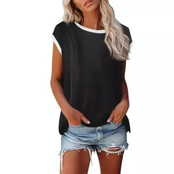 Модная женская однотонная свободная рубашка с круглым вырезом и короткими рукавами, повседневный топ с короткими рукавами L чёрный