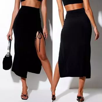 Модная женская однотонная тонкая сексуальная повседневная юбка с разрезом и высокой талией на шнуровке L чёрный