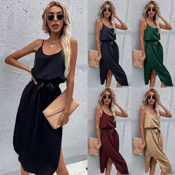 Модная женская однотонная юбка с запахом на бедрах, платье с подтяжками и разрезом XL чёрный