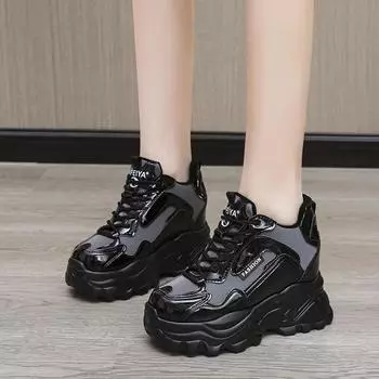 Модная женская осенне-зимняя спортивная обувь с высоким верхом из кожи на платформе, вулканизированные кроссовки, женская уличная обувь на шнуровке в стиле ретро, повседневная женская обувь 34 чёрный