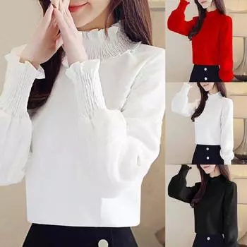 Модная женская осенняя однотонная теплая блузка с длинным рукавом и высоким воротником M белый