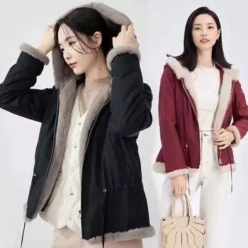 Модная женская парка с капюшоном, искусственным мехом и утолщенным пуховым наполнителем, внутренняя завязка на талии для облегания M чёрный