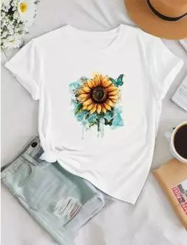 Модная женская персонализированная акварельная картина с принтом подсолнухов, футболка, забавная повседневная футболка с круглым вырезом и короткими рукавами, летняя женская футболка XS зелёный