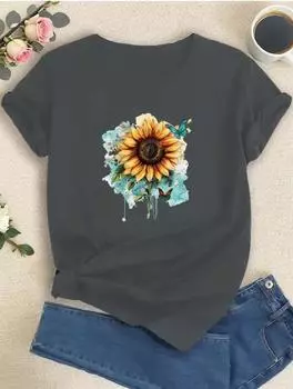 Модная женская персонализированная акварельная картина с принтом подсолнухов, футболка, забавная повседневная футболка с круглым вырезом и короткими рукавами, летняя женская футболка XS белый