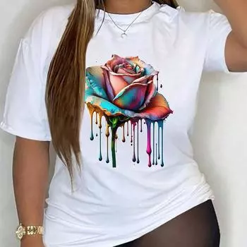 Модная женская персонализированная цветная футболка с принтом розы, забавная повседневная футболка с круглым вырезом и короткими рукавами, летняя женская футболка XS белый