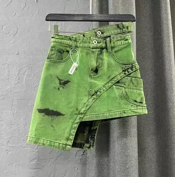 Модная женская персонализированная зеленая джинсовая юбка трапециевидной формы с двойной талией, асимметричные короткие юбки для девочек, 2023 S зелёный
