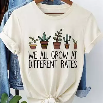 Модная женская плоская минималистская футболка с принтом в виде горшечных растений, забавная повседневная футболка с круглым вырезом и короткими рукавами, летняя женская футболка XS белый