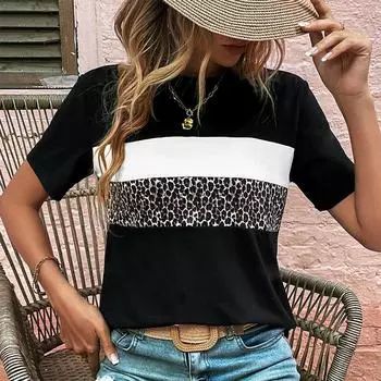 Модная женская полосатая футболка с леопардовым принтом, забавная повседневная футболка с круглым вырезом и короткими рукавами, летняя женская футболка XS розовый