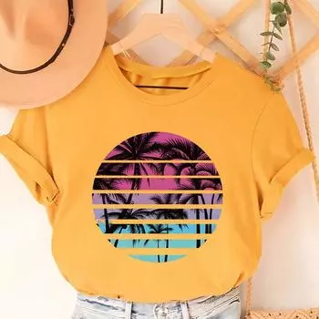 Модная женская полосатая футболка с принтом кокосовой пальмы, забавная повседневная футболка с круглым вырезом и короткими рукавами, летняя женская футболка XS розовый