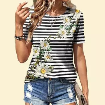 Модная женская полосатая футболка с принтом подсолнуха, забавная повседневная футболка с круглым вырезом и короткими рукавами, летняя женская футболка XS жёлтый