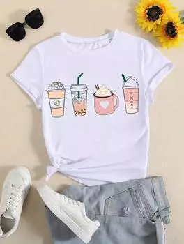 Модная женская повседневная белая футболка с 6 персонализированными принтами, круглым вырезом, короткими рукавами S