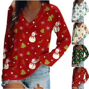 Модная женская повседневная блузка с V-образным вырезом и рождественским принтом, с длинными рукавами XXL белый