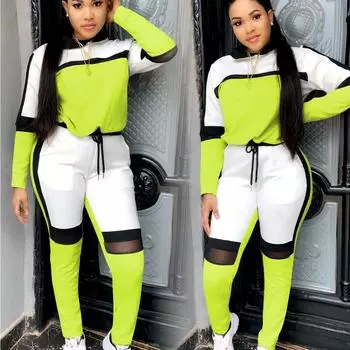 Модная женская повседневная цветная футболка с длинным рукавом, длинные брюки, спортивный комплект M жёлтый