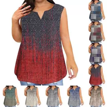 Модная женская повседневная футболка без рукавов с v-образным вырезом и винтажным принтом больших размеров с карманами L бежевый