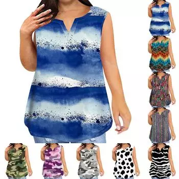 Модная женская повседневная футболка больших размеров без рукавов с круглым вырезом с градиентным принтом и карманами L чёрный