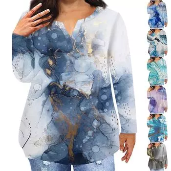 Модная женская повседневная футболка больших размеров с длинными рукавами и круглым вырезом с градиентным принтом и карманами XXXL серый