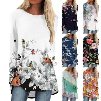 Модная женская повседневная футболка больших размеров с длинными рукавами и круглым вырезом с принтом XL чёрный