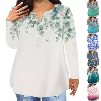 Модная женская повседневная футболка больших размеров с длинными рукавами и круглым вырезом с градиентным принтом и карманами XXXXL бежевый