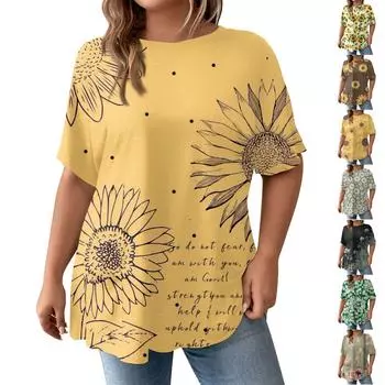 Модная женская повседневная футболка больших размеров с коротким рукавом и круглым вырезом с цветочным принтом и карманами L чёрный