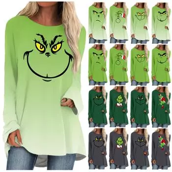 Модная женская повседневная футболка больших размеров с длинными рукавами и круглым вырезом с принтом XXXL зелёный