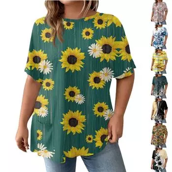 Модная женская повседневная футболка больших размеров с коротким рукавом и круглым вырезом с цветочным принтом и карманами L чёрный