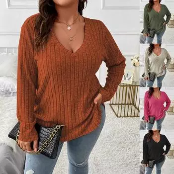Модная женская повседневная футболка больших размеров с длинными рукавами и V-образным вырезом, однотонная свободная футболка XL абрикосовый