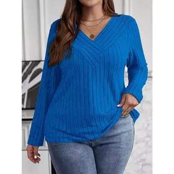 Модная женская повседневная футболка больших размеров с длинными рукавами и V-образным вырезом, однотонная свободная повседневная футболка XL чёрный