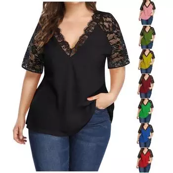 Модная женская повседневная футболка с v-образным вырезом, кружевные топы с коротким рукавом, большие размеры, однотонные топы S чёрный