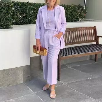 Модная женская повседневная куртка с длинным рукавом и однотонные брюки темпераментный костюм L светло-фиолетовый