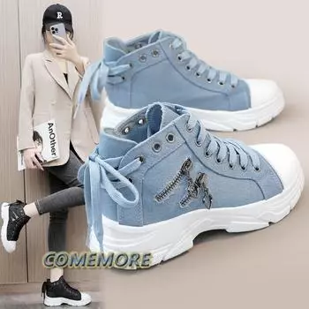 Модная женская повседневная обувь из парусины, высокие женские кроссовки, спортивная обувь на платформе со шнуровкой, женская дышащая модная теннисная обувь весна-лето 35 чёрный
