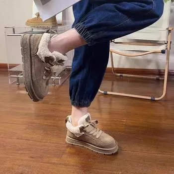 Модная женская повседневная обувь, зимние ботинки, осень и зима 2024, новые модные ретро-ботинки из плюша и утеплителя на толстой подошве из хлопка, термоботинки 35 бежевый