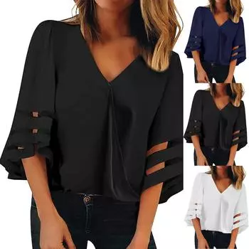 Модная женская повседневная однотонная кружевная блузка с v-образным вырезом и половиной рукава M чёрный