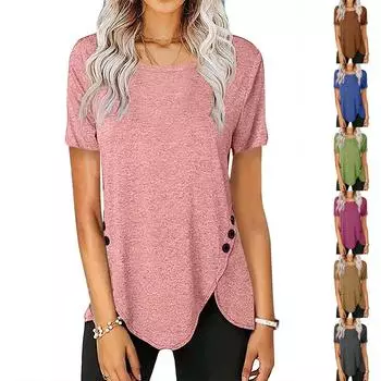 Модная женская повседневная однотонная свободная футболка с коротким рукавом и пуговицами