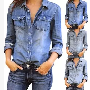 Модная женская повседневная синяя джинсовая рубашка с длинным рукавом, блузка, куртка XXL синий
