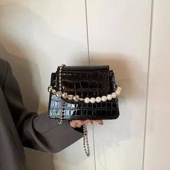 Модная женская повседневная сумка квадратной формы с имитацией жемчуга и узором под крокодила