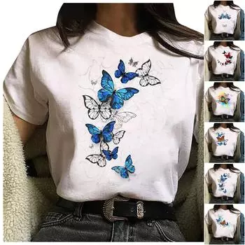 Модная женская повседневная свободная белая футболка с принтом бабочки и коротким рукавом
