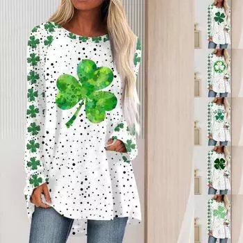 Модная женская повседневная свободная футболка с круглым вырезом и длинными рукавами с принтом Святого Патрика L армия зеленый