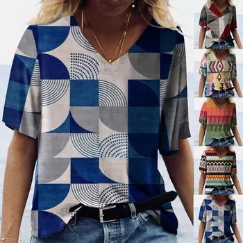 Модная женская повседневная свободная футболка с v-образным вырезом и короткими рукавами с принтом XL бежевый