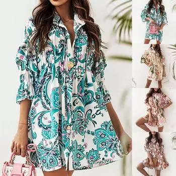 Модная женская повседневная свободная рубашка с высокой талией, сексуальный пуловер с принтом, темпераментное платье S синий