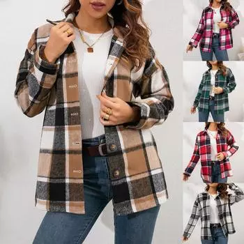 Модная женская повседневная свободная шерстяная плюшевая клетчатая куртка-рубашка с длинными рукавами