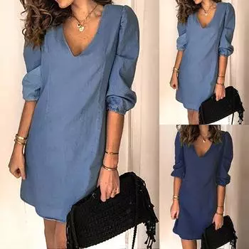Модная женская повседневная свободная юбка с v-образным вырезом ковбойское платье со средним рукавом L светло-синий