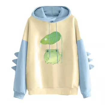 Модная женская повседневная толстовка с капюшоном и принтом с длинным рукавом Kawaii Толстовка с динозавром Топы M синий