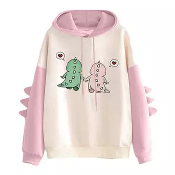 Модная женская повседневная толстовка с капюшоном и принтом с длинным рукавом Kawaii Толстовка с динозавром Топы L розовый