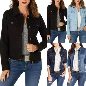 Модная женская повседневная тонкая джинсовая куртка для похудения, блузка, топ с карманами L чёрный