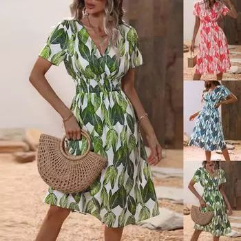 Модная женская повседневная юбка-миди с v-образным вырезом и принтом, платье с эластичной резинкой на талии L синий