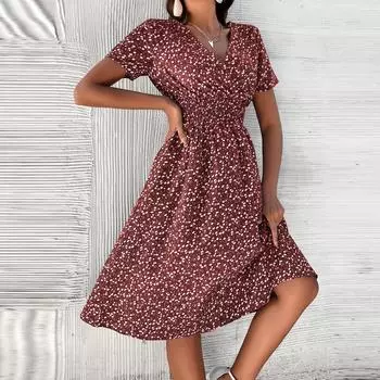 Модная женская повседневная юбка-миди с v-образным вырезом и принтом, платье с эластичной резинкой на талии S синий