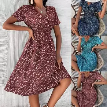 Модная женская повседневная юбка-миди с v-образным вырезом и принтом, платье с эластичной резинкой на талии S синий