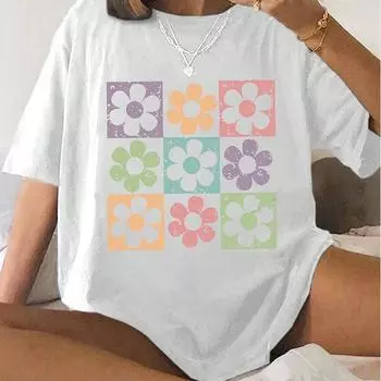 Модная женская простая футболка с квадратным цветочным принтом, забавная повседневная футболка с круглым вырезом и короткими рукавами, летняя женская футболка XS розовый