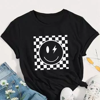 Модная женская простая футболка с квадратным смайликом и принтом, забавная повседневная футболка с круглым вырезом и короткими рукавами, летняя женская футболка XS розовый