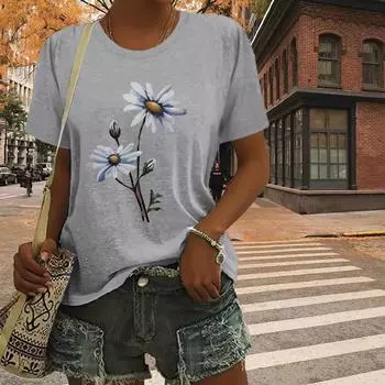 Модная женская простая футболка с принтом букета, забавная повседневная футболка с круглым вырезом и короткими рукавами, летняя женская футболка S серый